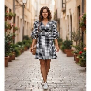 Style Addict Gingham Mini Wrap Dress Puff Sleeve V-Neck Black & White Size M